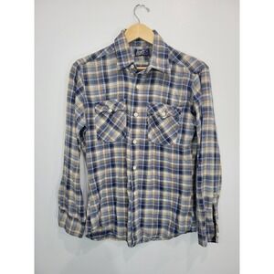 Vtg 80s Levis Mens Plaid Long Sleeve Button Up Shirt Regular Fit Blue Tan Size M